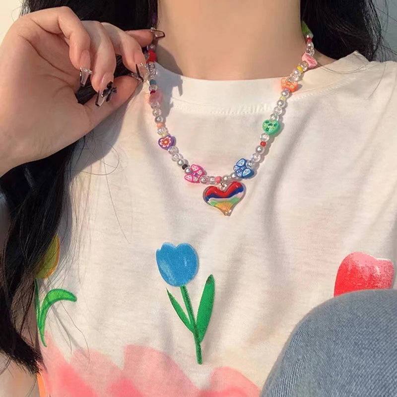 Y2K Red Cherry Heart Beaded Choker Necklace for Women - Boho Vintage Style