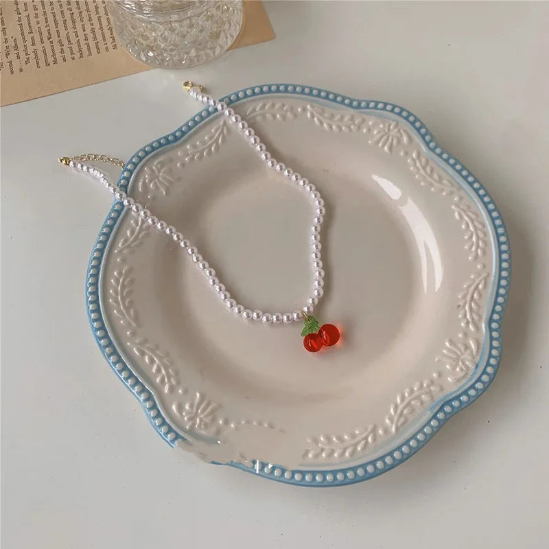 Y2K Red Cherry Heart Beaded Choker Necklace for Women - Boho Vintage Style