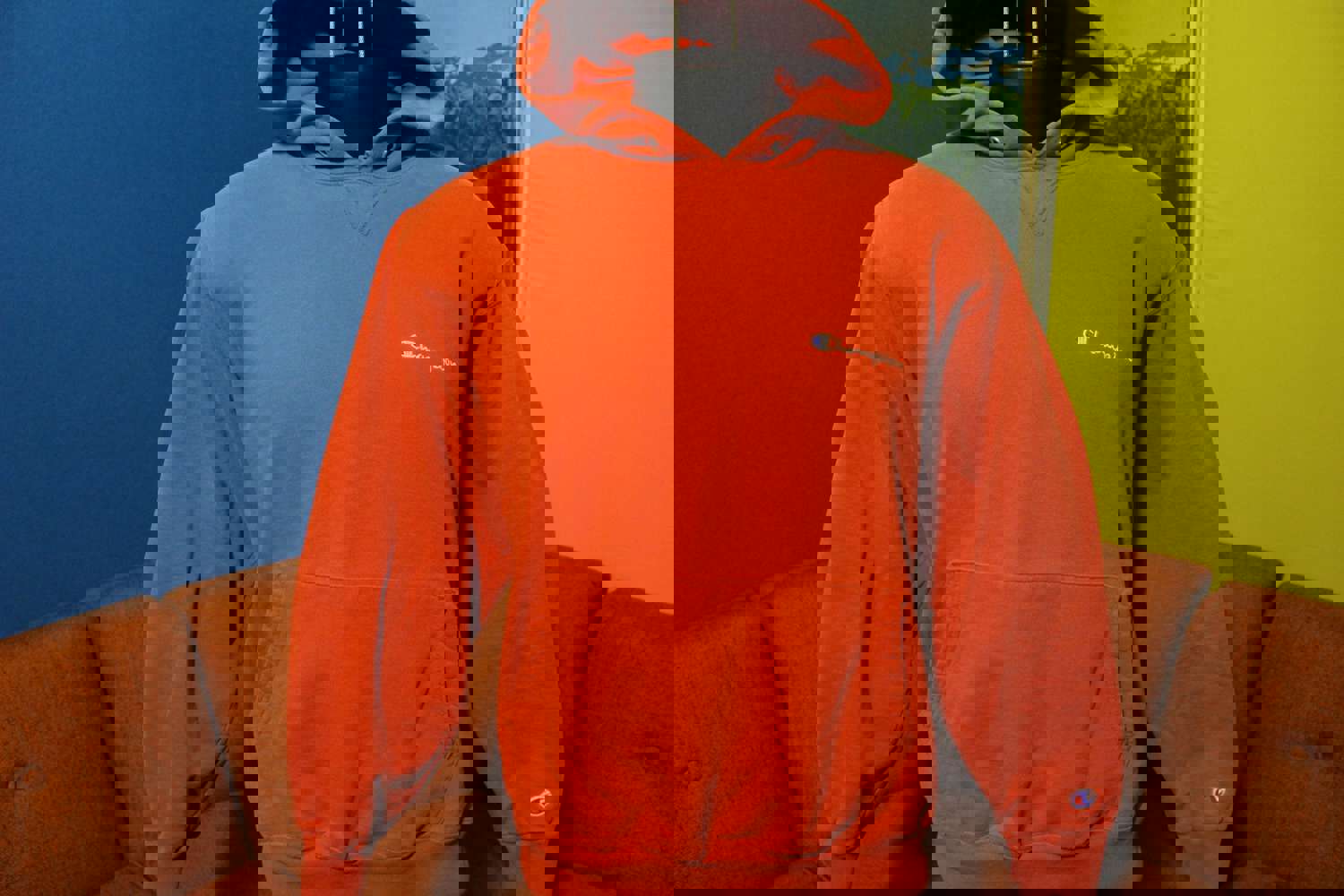 Vintage Champion Blue Bar Faded Red Embroidered Hoodie - 80s USA Made