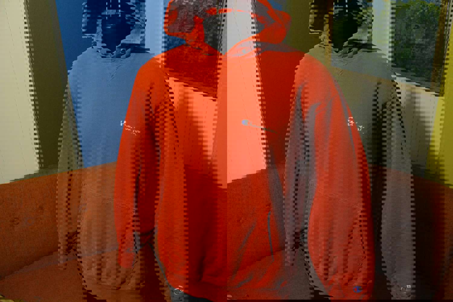 Vintage Champion Blue Bar Faded Red Embroidered Hoodie - 80s USA Made