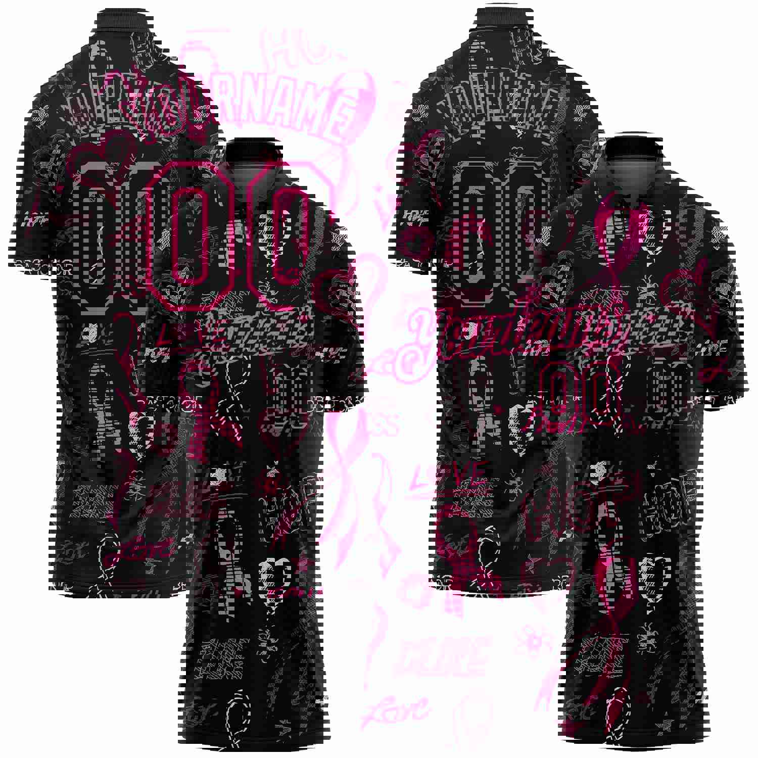 Custom Black Pink 3D Pattern Golf Polo Shirt for Breast Cancer Awareness