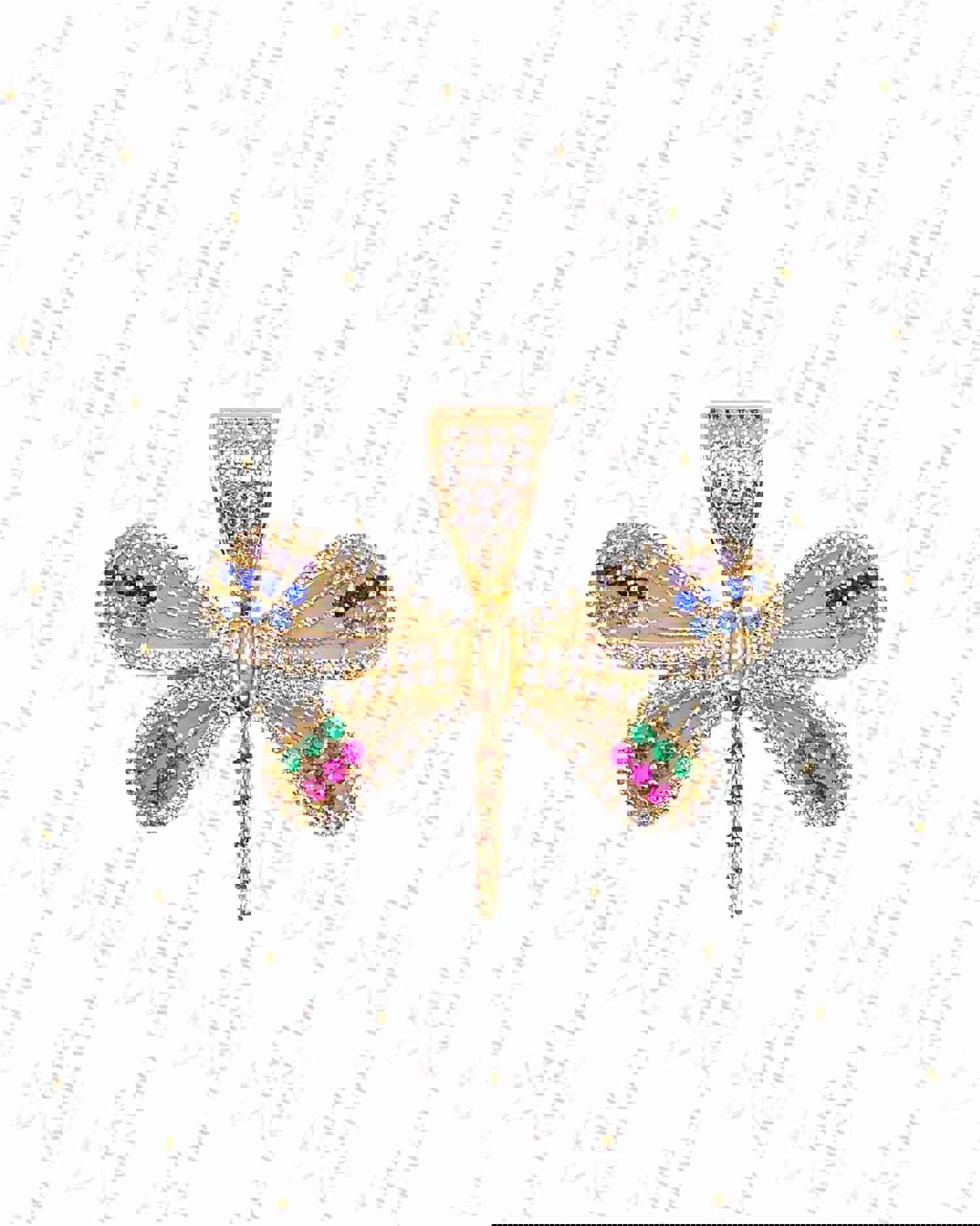 1.6” Dragonfly Pendant Y85 - Multicolor Zirconia Stones, 14k Gold Tone