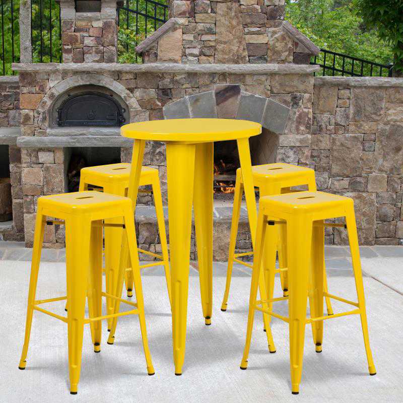 CH-51080BH-4-30SQST Flash Furniture Ormsby Commercial Grade 24 Round Yellow Metal Indoor-Outdoor Bar Table Set with 4 Square Seat Backless Stools