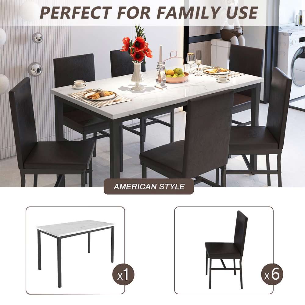 7 Piece Kitchen Dining Table & Chair Set with Faux Marble Tabletop and PU Leather Chairs