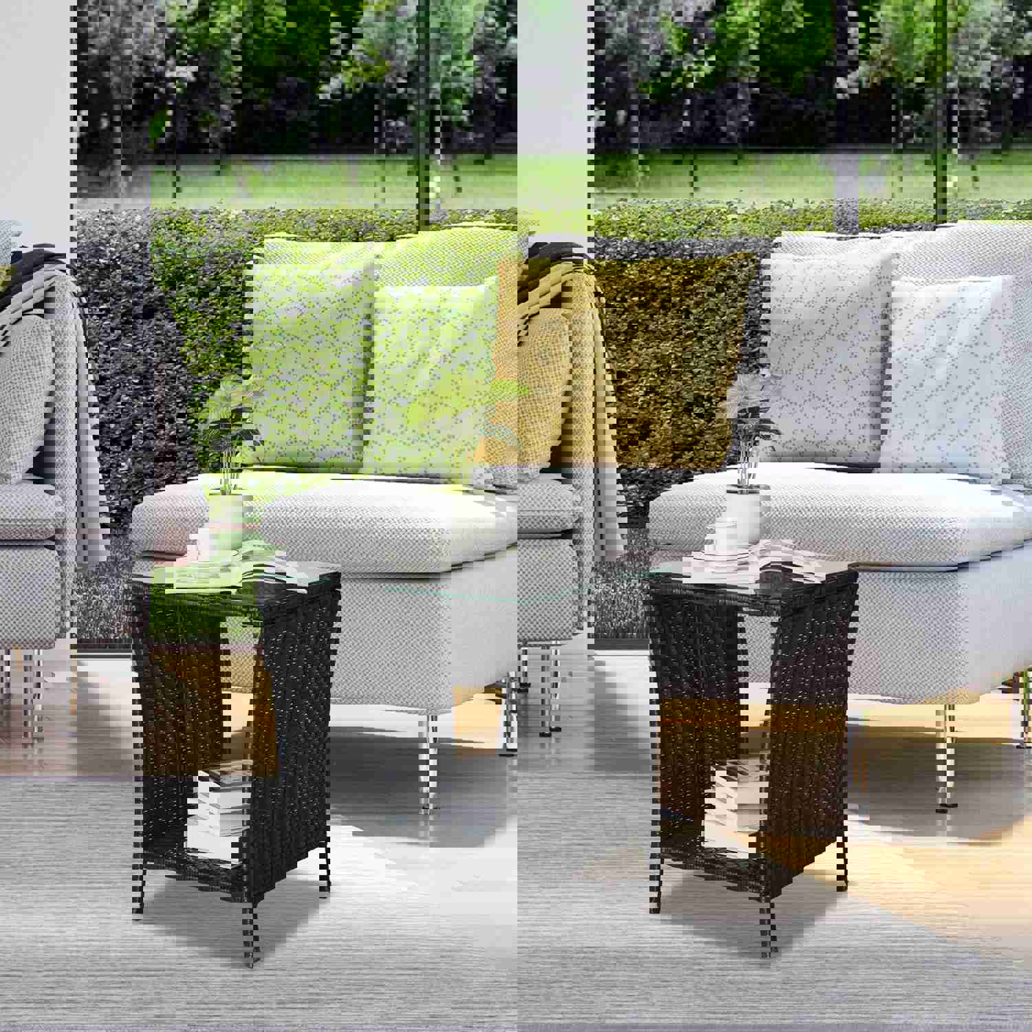 SEGMART Outdoor Wicker Side Table - All Weather Resistant PE Rattan Coffee Table with Storage Shelf