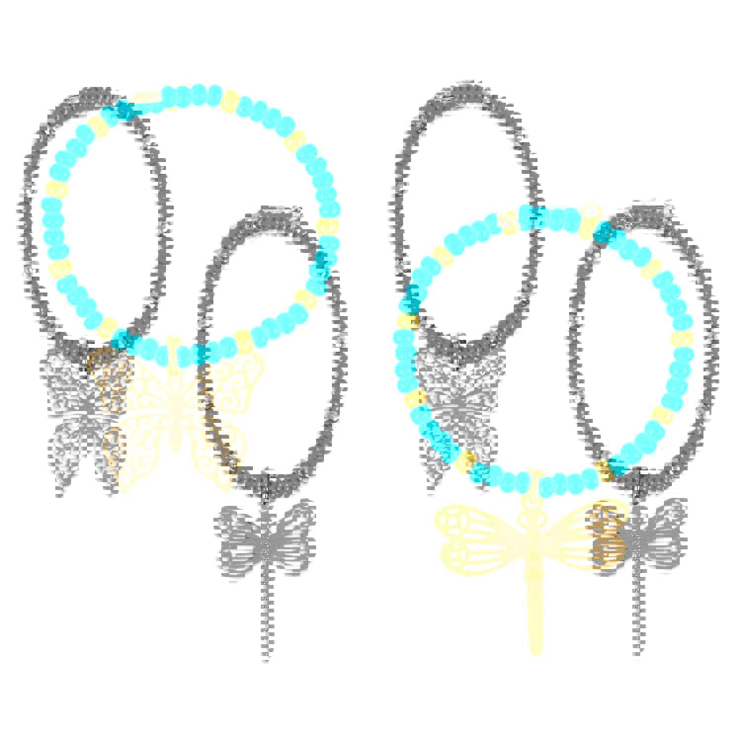 Set of 2 Handmade Beaded Drink Markers with Golden Pendants - Turquoise Flutter