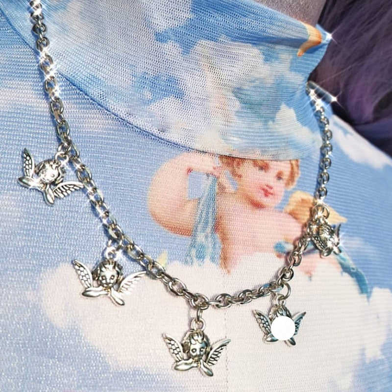 Cute Angel Pendant Punk Choker Necklace for Women - Y2K Hip Hop Rock Style