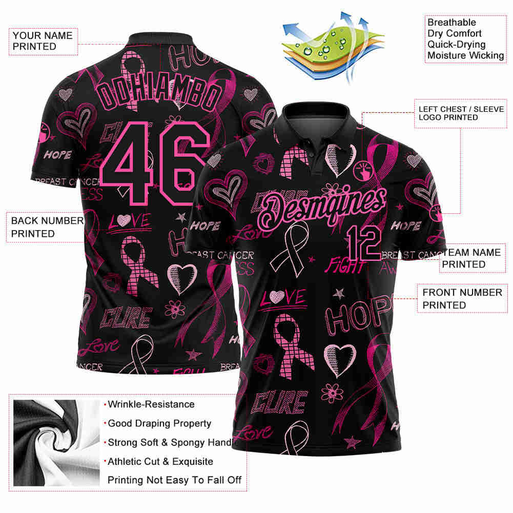 Custom Black Pink 3D Pattern Golf Polo Shirt for Breast Cancer Awareness