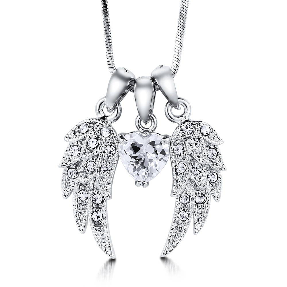 Angel Wings CZ Pendant Necklace in Silver-Tone