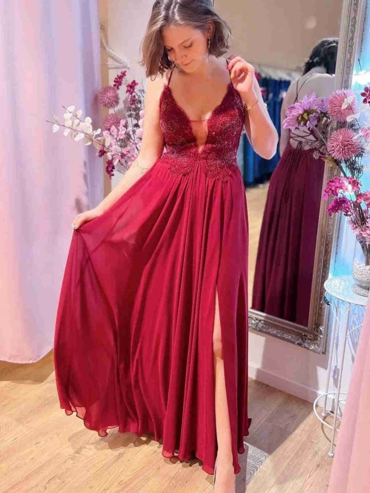 Backless A Line V Neck Burgundy Lace Long Prom Dress with Side Split
