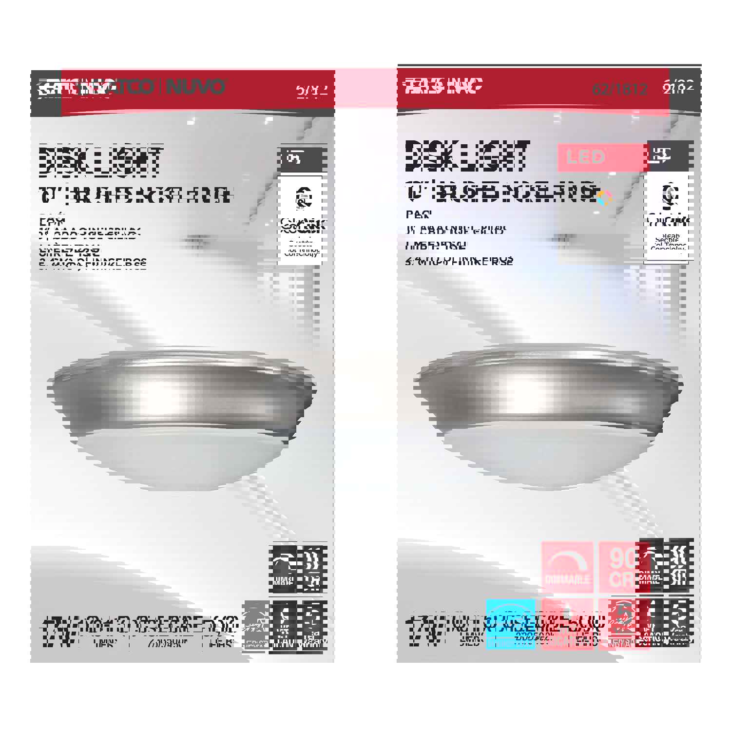 SATCO/NUVO 17W 10 Inch LED Disk Light CCT Selectable 2700K-5000K Brushed Nickel Finish