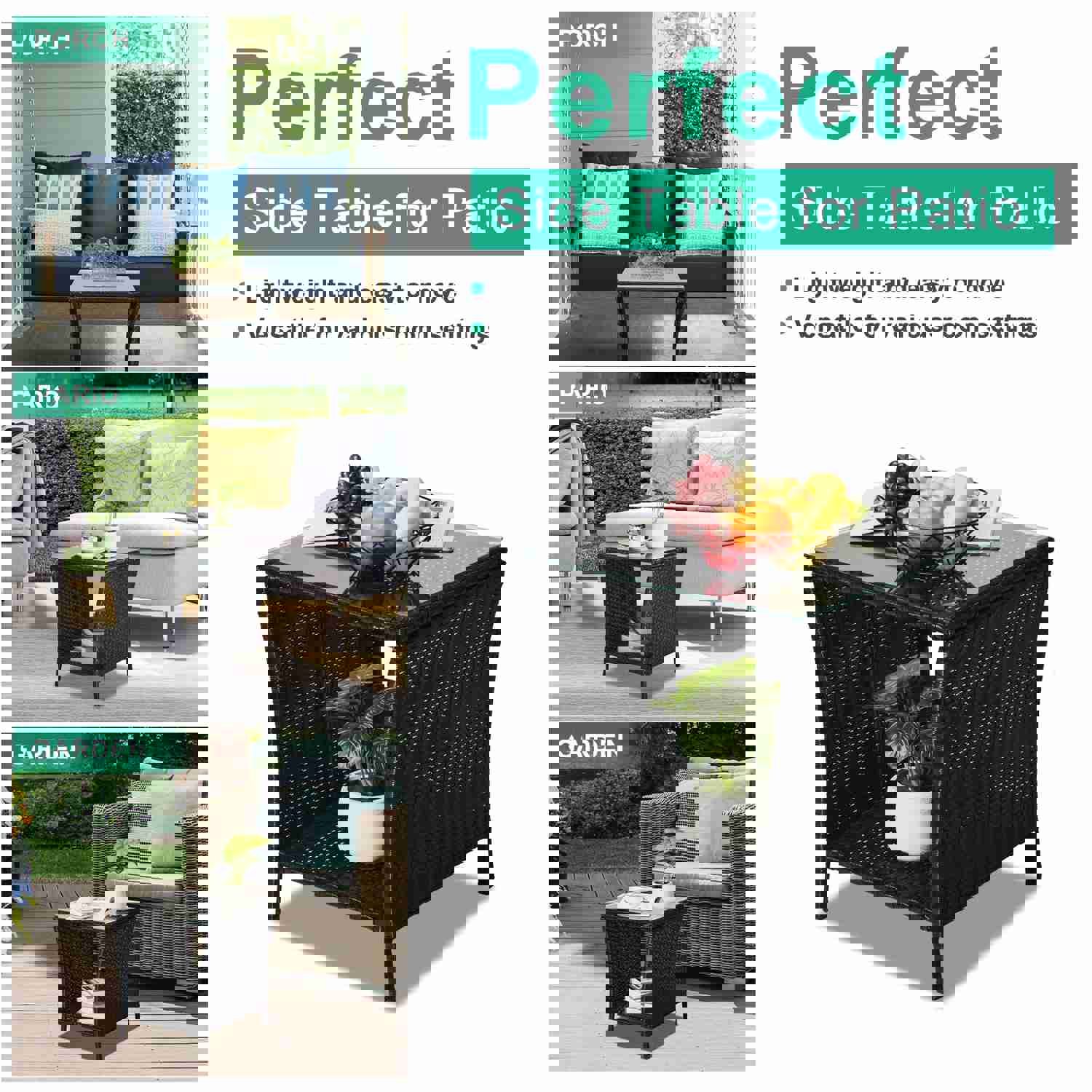 SEGMART Outdoor Wicker Side Table - All Weather Resistant PE Rattan Coffee Table with Storage Shelf