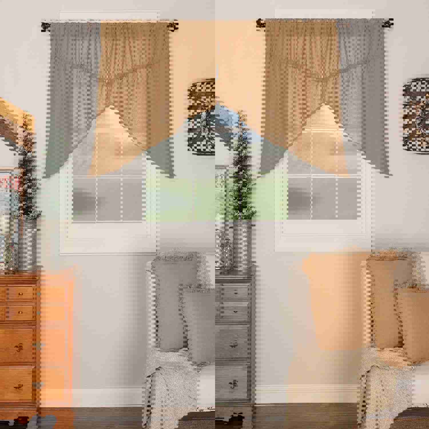 Burlap Natural Prairie Swag Curtains - Set of 2, 100% Cotton, Country Decor