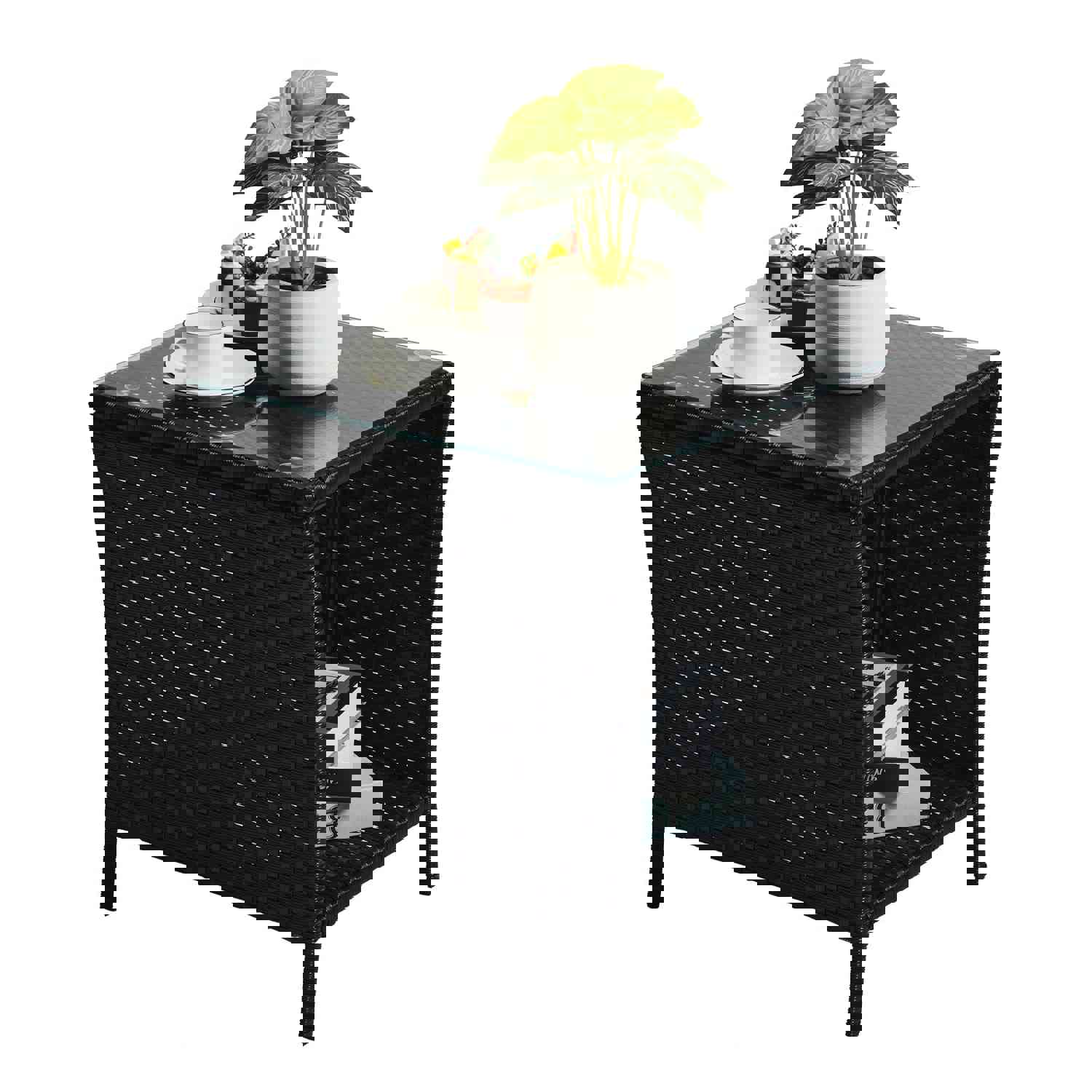 SEGMART Outdoor Wicker Side Table - All Weather Resistant PE Rattan Coffee Table with Storage Shelf