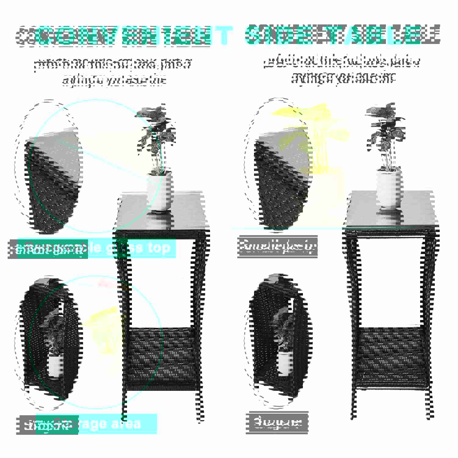 SEGMART Outdoor Wicker Side Table - All Weather Resistant PE Rattan Coffee Table with Storage Shelf