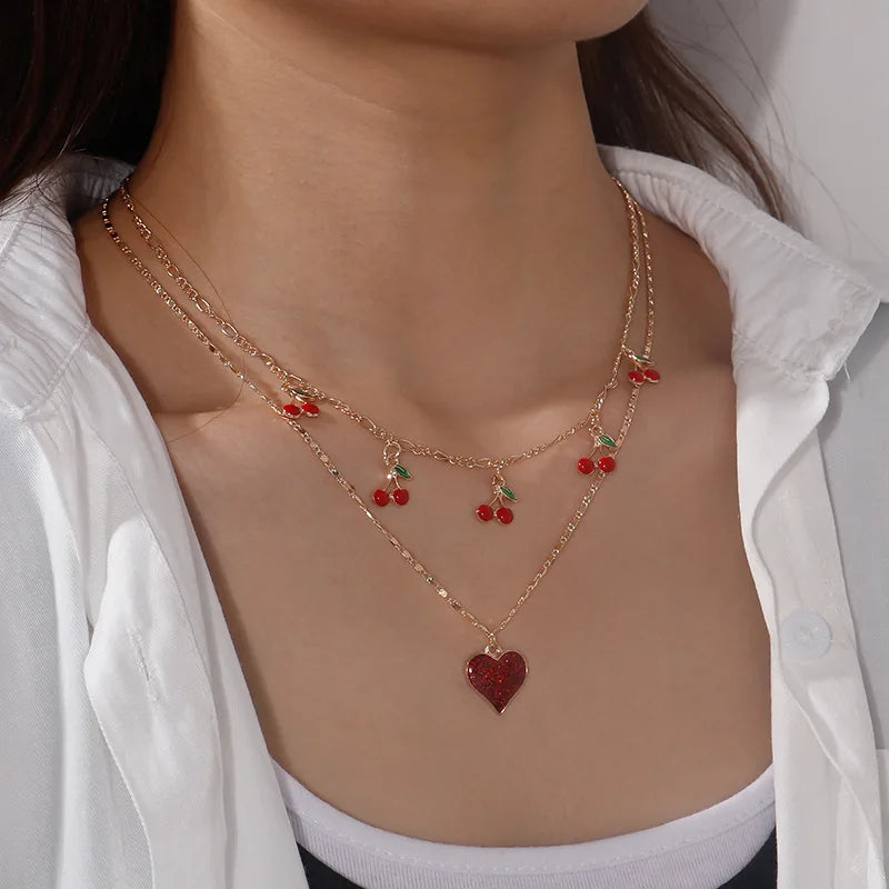 Y2K Red Cherry Heart Beaded Choker Necklace for Women - Boho Vintage Style