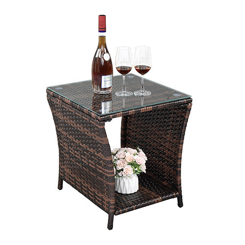 SEGMART Outdoor Wicker Side Table - All Weather Resistant PE Rattan Coffee Table with Storage Shelf