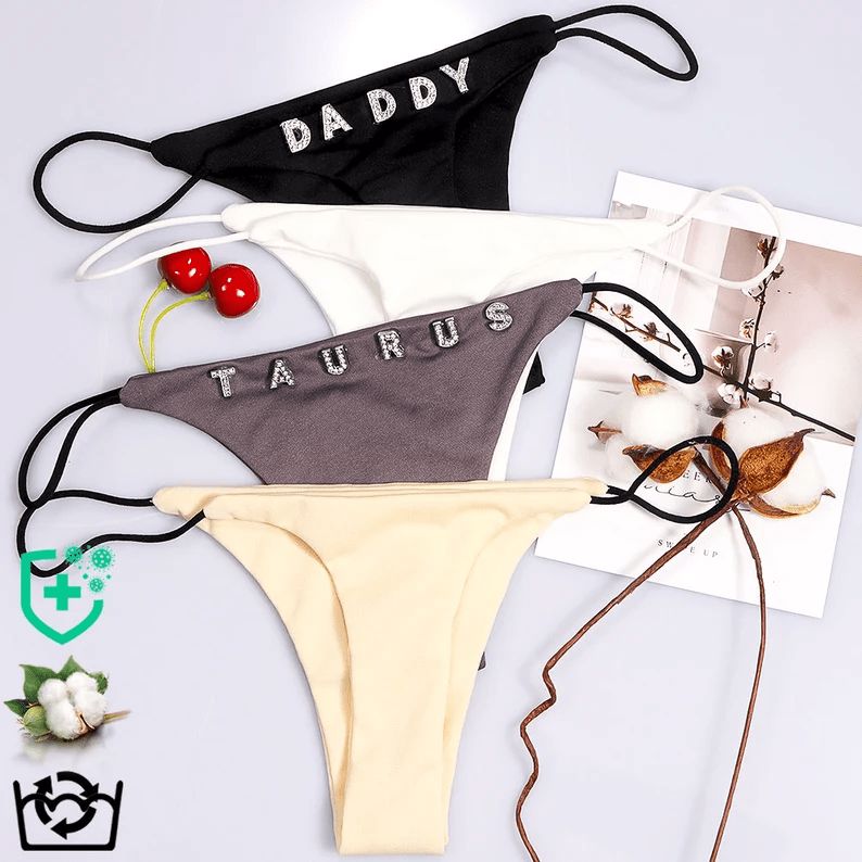 Custom Thong Panties with Personalized Crystal Initials - DIY Letter Underwear for Women