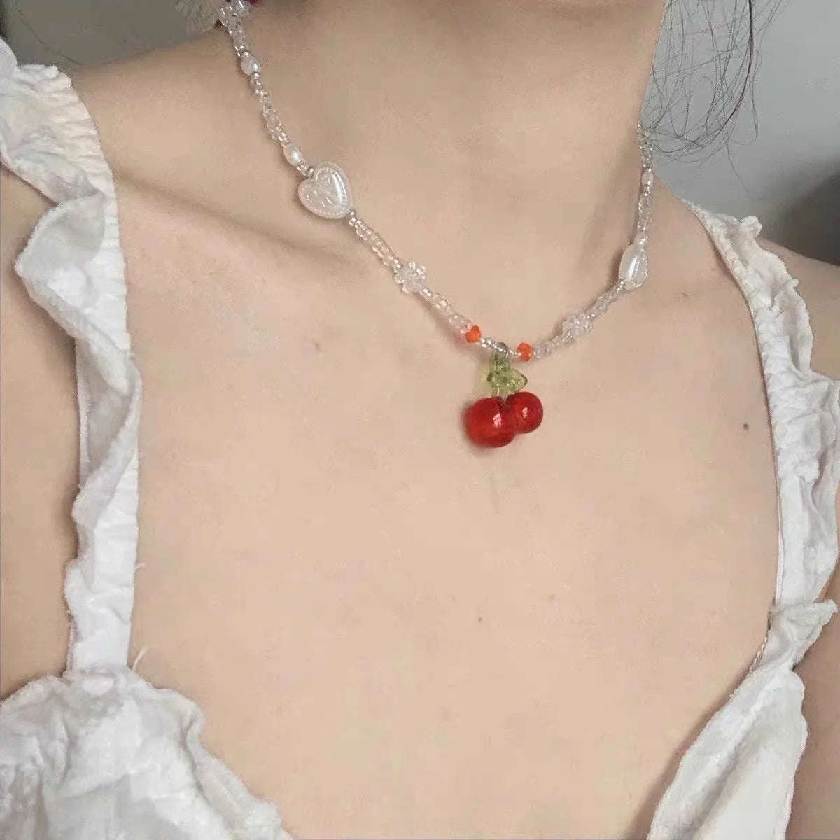 Y2K Red Cherry Heart Beaded Choker Necklace for Women - Boho Vintage Style