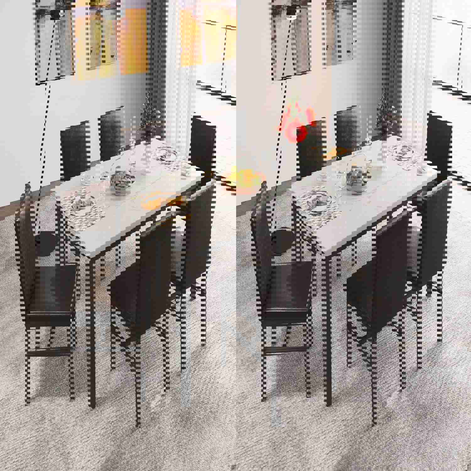 7 Piece Kitchen Dining Table & Chair Set with Faux Marble Tabletop and PU Leather Chairs