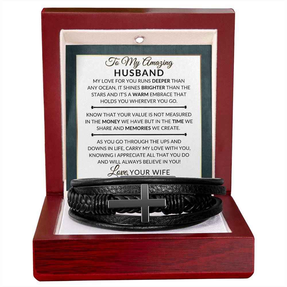 Mens Braided Leather Bracelet with Cross - Best Gift for Husband from Wife