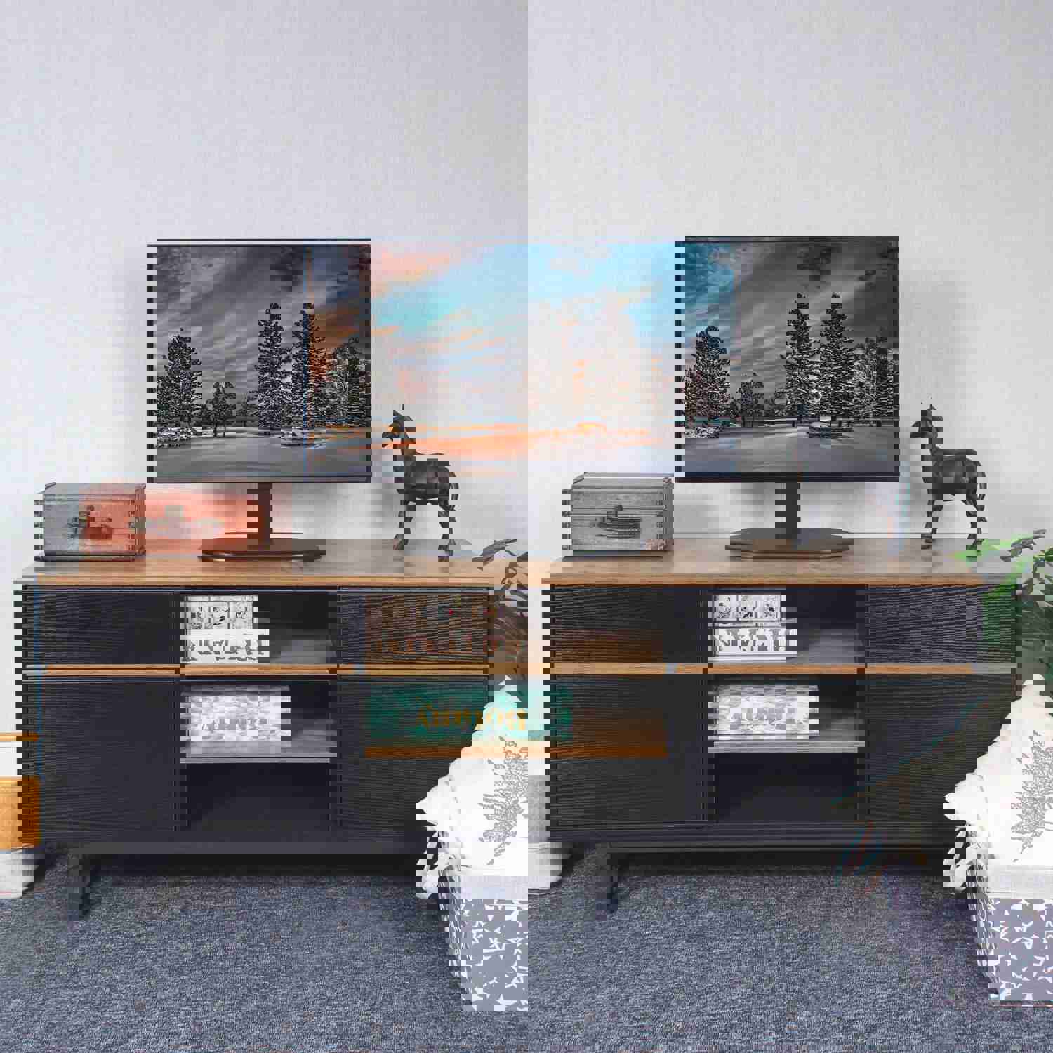 FAMIKITO TV Stand for TVs up to 60 inches, TV Cabinet with 2 Drawer, 2 Shelves, 2 Cabinets for Living Room, Brown