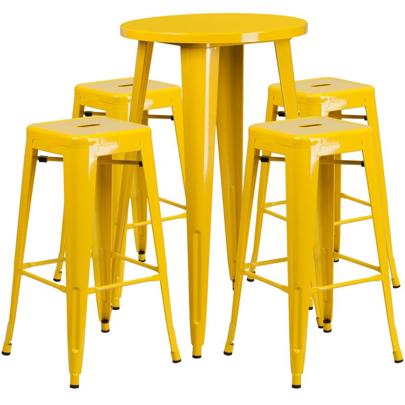CH-51080BH-4-30SQST Flash Furniture Ormsby Commercial Grade 24 Round Yellow Metal Indoor-Outdoor Bar Table Set with 4 Square Seat Backless Stools