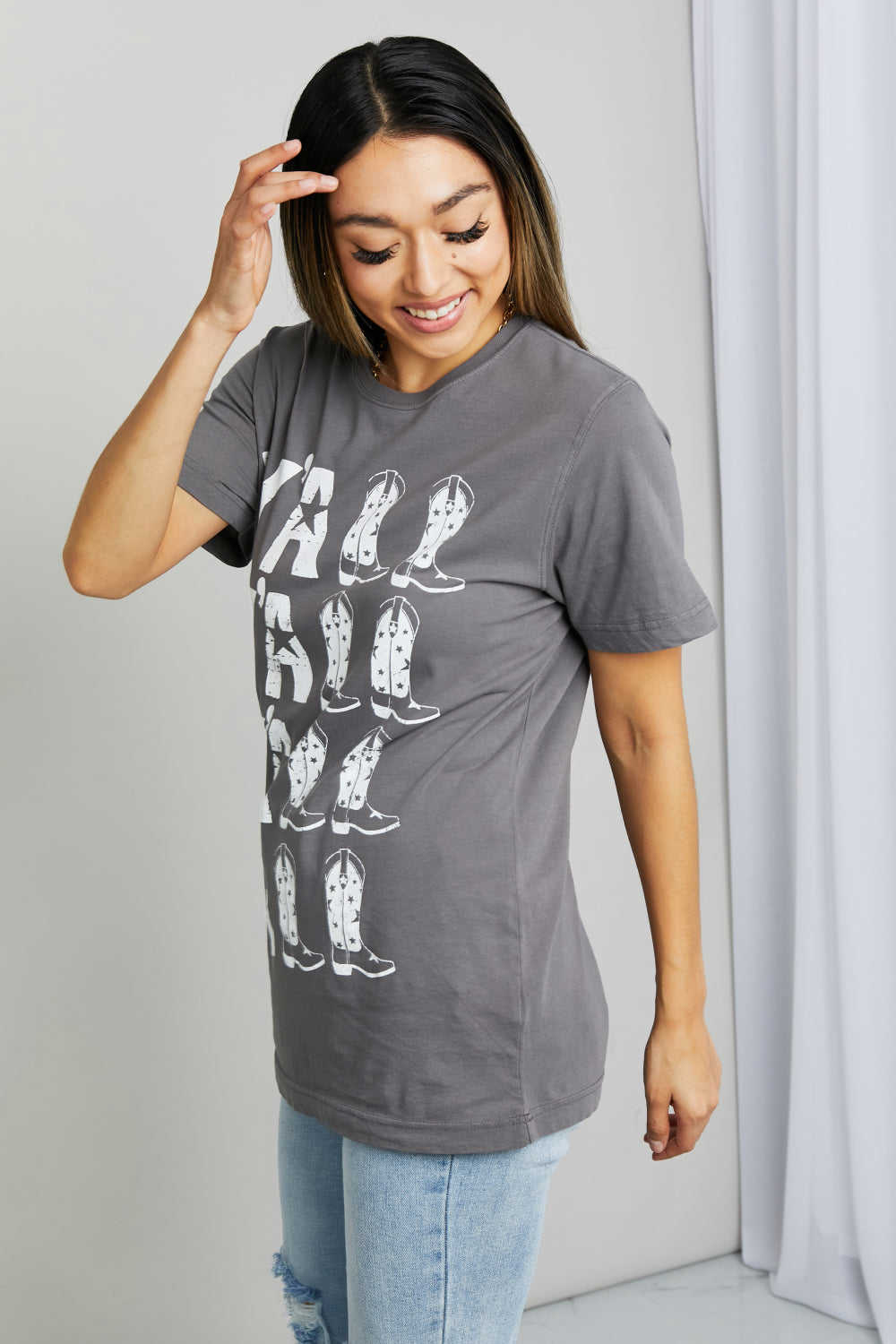 mineB Full Size YALL Cowboy Boots Graphic Tee - Casual Chic Cotton Tee