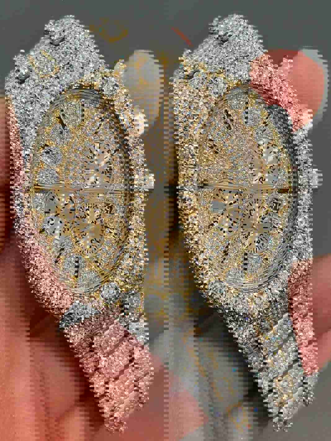 Two Tone Chronograph Dial Men's VVS Diamond Watch with Watch Box & Bag