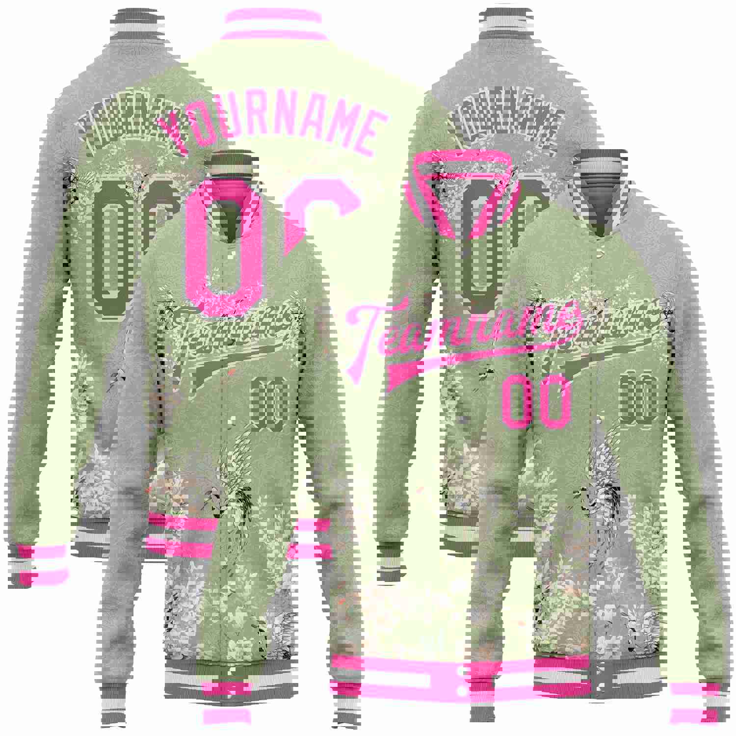 Custom Green Pink-White Flower And Crane 3D Pattern Design Bomber Full-Snap Varsity Letterman Jacket