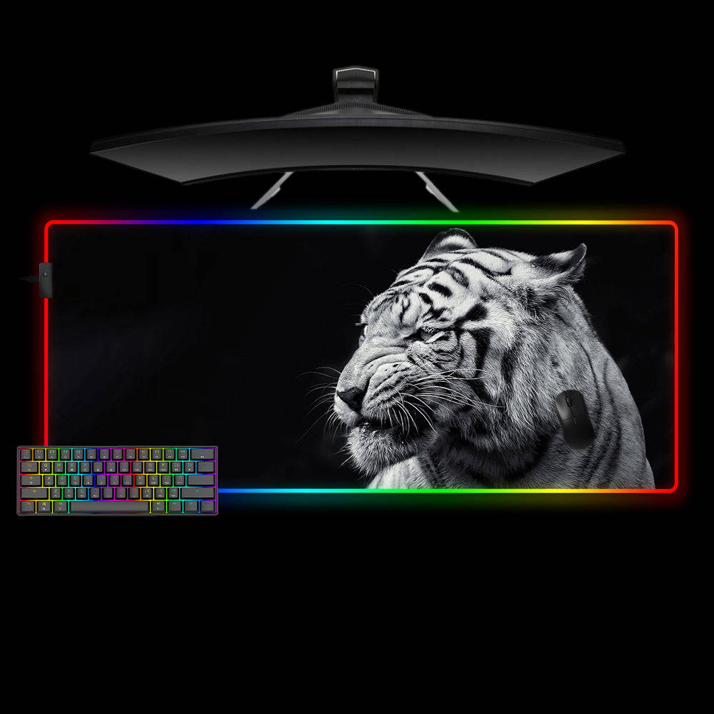 Black & White Tiger Design RGB Gaming Mouse Pad with LED Strip