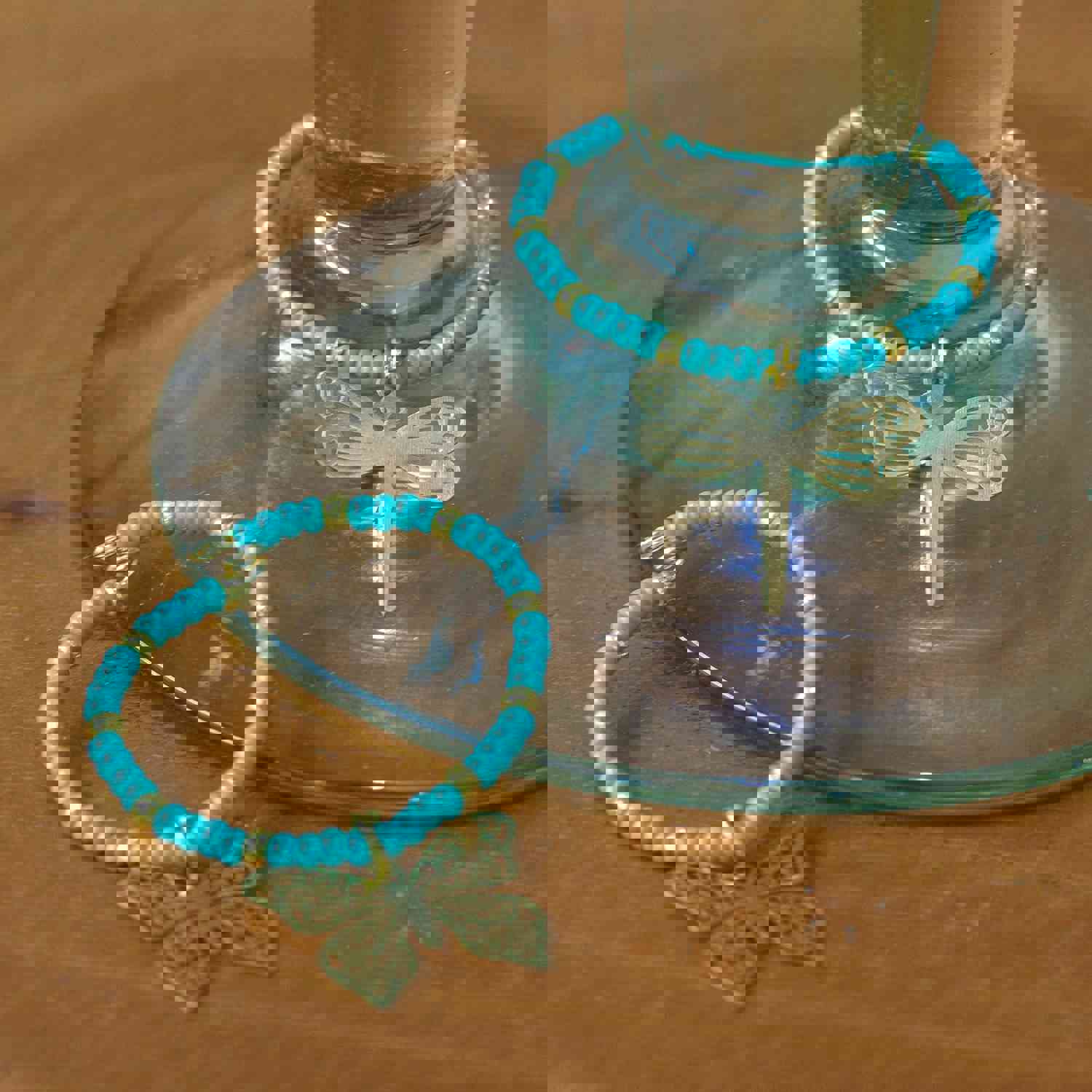 Set of 2 Handmade Beaded Drink Markers with Golden Pendants - Turquoise Flutter