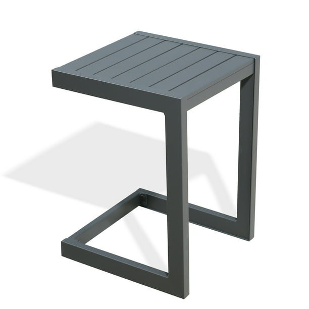 Patio Aluminum Side Table Outdoor Indoor C Shaped End Table, Light Grey