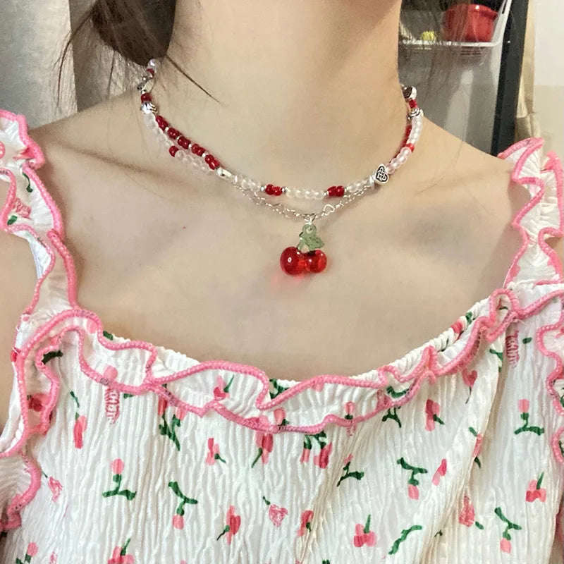 Y2K Red Cherry Heart Beaded Choker Necklace for Women - Boho Vintage Style
