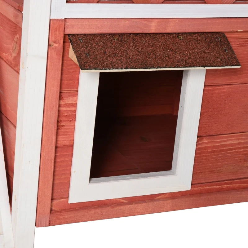 PawHut 2-Story Solid Wood Cat House Condo Shelter with Sisal Ramp, Weatherproof for Indoor/Outdoor Use - Red and White