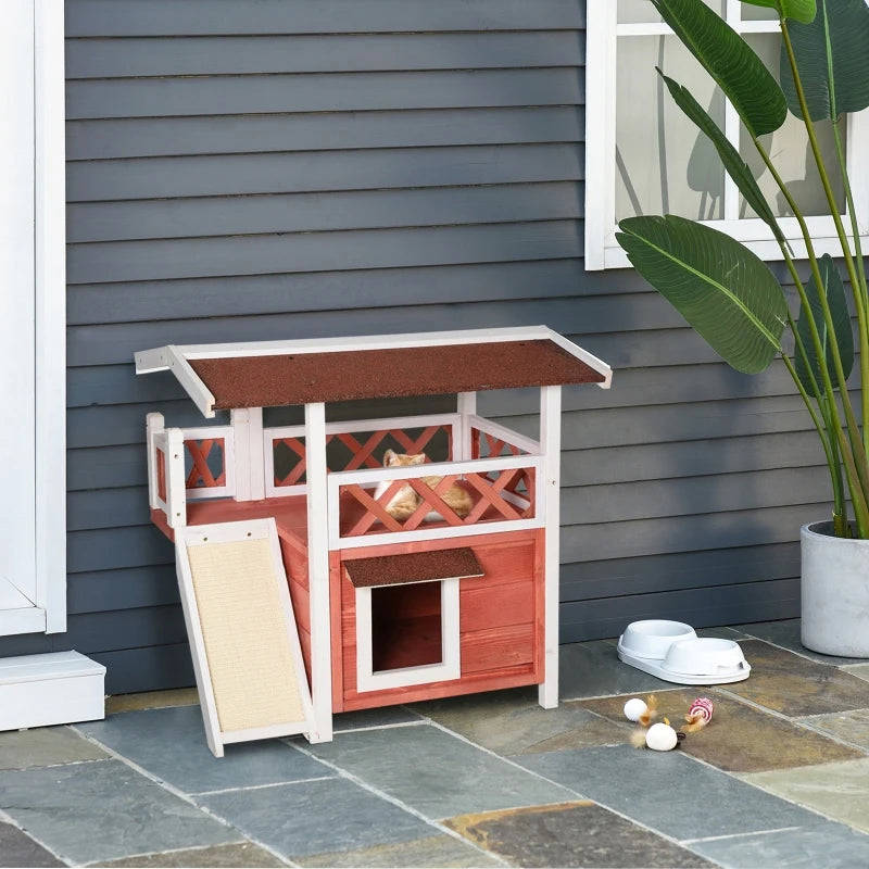 PawHut 2-Story Solid Wood Cat House Condo Shelter with Sisal Ramp, Weatherproof for Indoor/Outdoor Use - Red and White