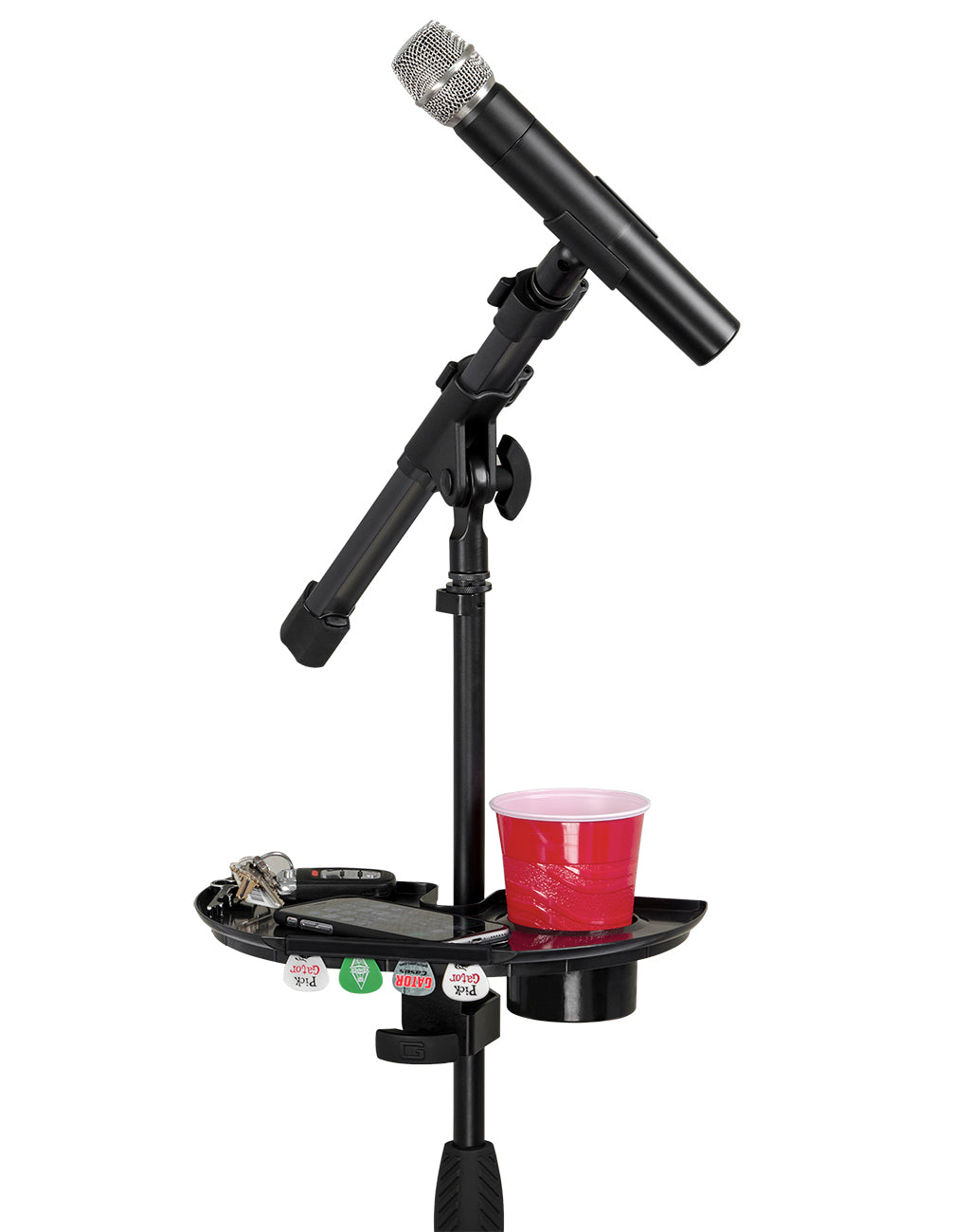 Gator Frameworks Mic Stand Accessory Tray with Drink Holder and Guitar Pick Tab