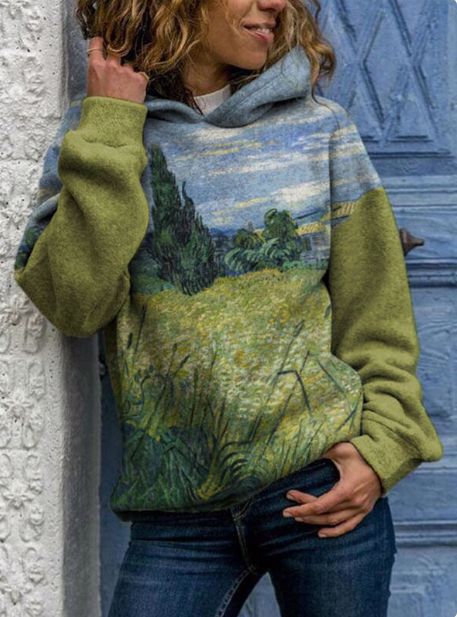 Ladies Van Gogh Green Wheat Hoodie with Irises Design