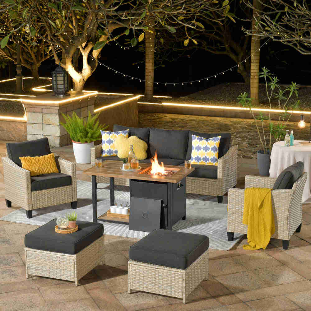 Ovios Athena Series Outdoor Patio Furniture Set 6-Piece with 46 Double Layer Rectangle Fire Pit Table