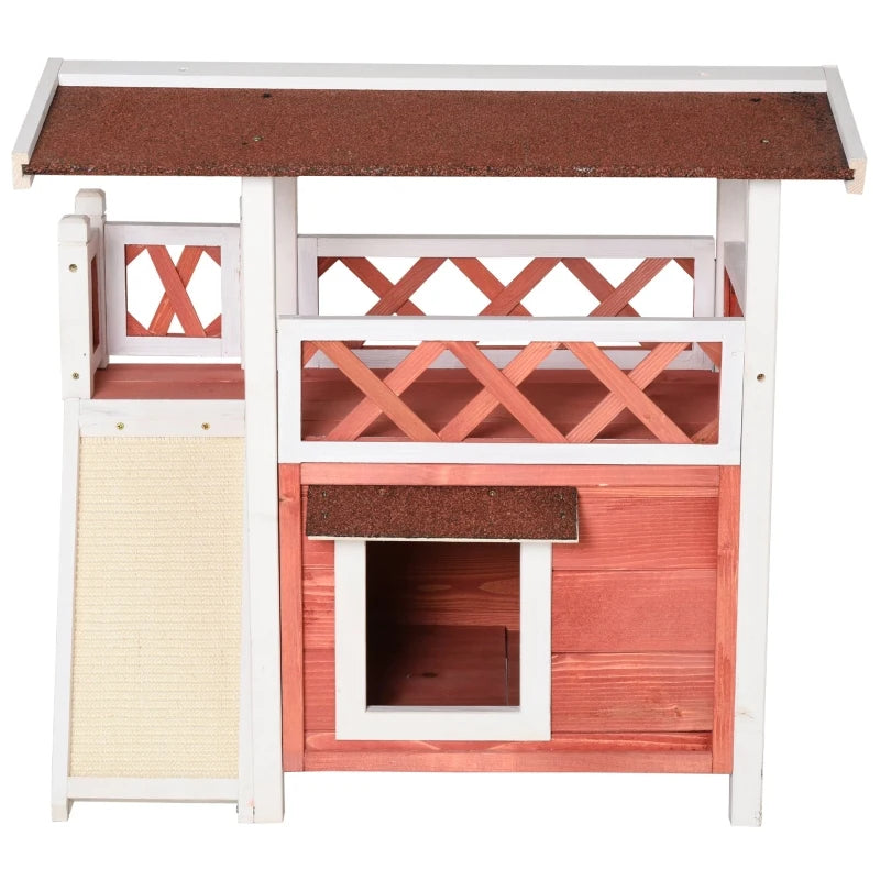 PawHut 2-Story Solid Wood Cat House Condo Shelter with Sisal Ramp, Weatherproof for Indoor/Outdoor Use - Red and White