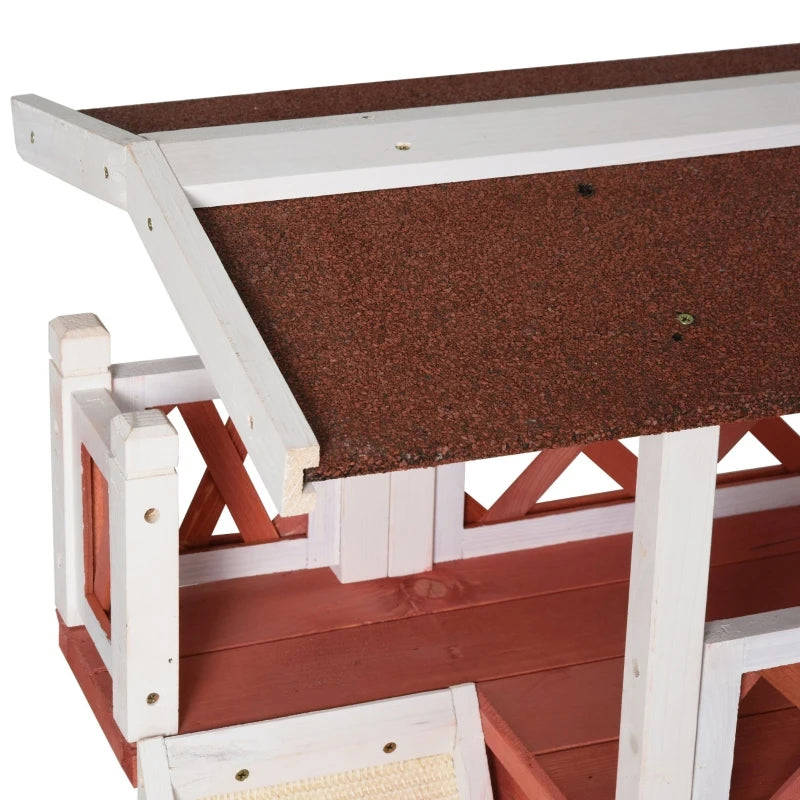 PawHut 2-Story Solid Wood Cat House Condo Shelter with Sisal Ramp, Weatherproof for Indoor/Outdoor Use - Red and White