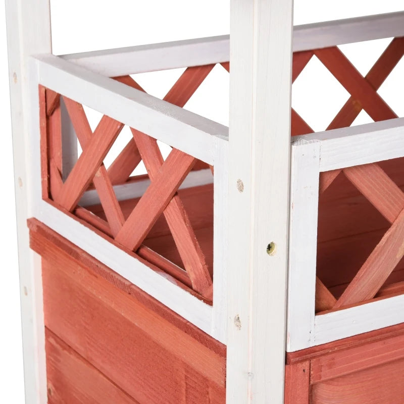 PawHut 2-Story Solid Wood Cat House Condo Shelter with Sisal Ramp, Weatherproof for Indoor/Outdoor Use - Red and White