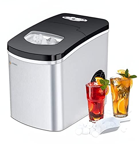 LITBOOS Countertop Ice Makers, 26Lbs/24H Stainless Steel Ice Machine, Portable with Ice Scoop & Basket, 9 Cubes in 7 Mins, 2 Ice Sizes for Home/Kitchen/Office/Bar