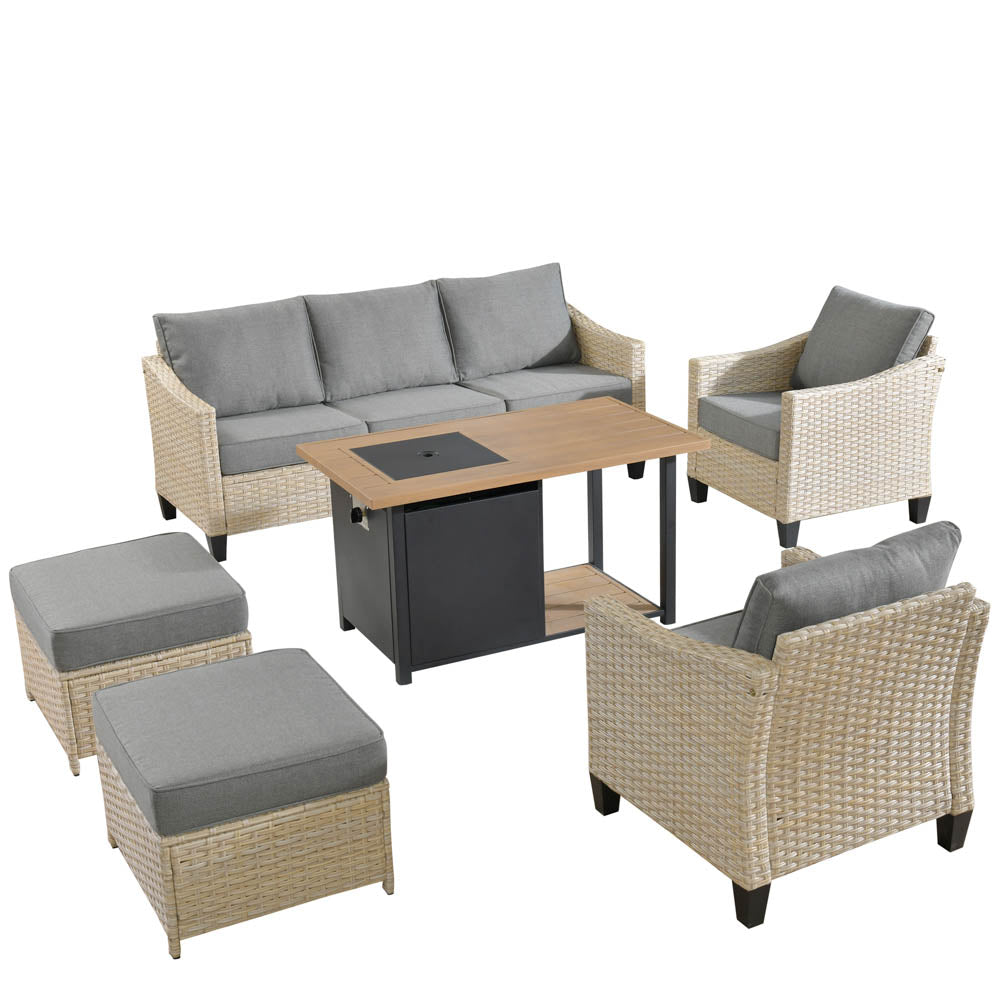 Ovios Athena Series Outdoor Patio Furniture Set 6-Piece with 46 Double Layer Rectangle Fire Pit Table