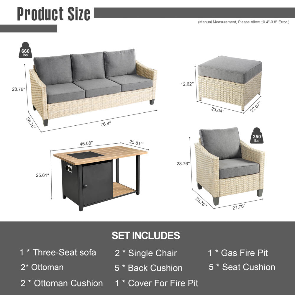 Ovios Athena Series Outdoor Patio Furniture Set 6-Piece with 46 Double Layer Rectangle Fire Pit Table