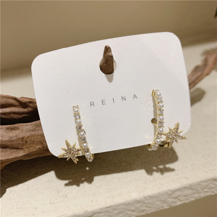 Elegant Copper Inlaid Zircon Star Earrings for Women