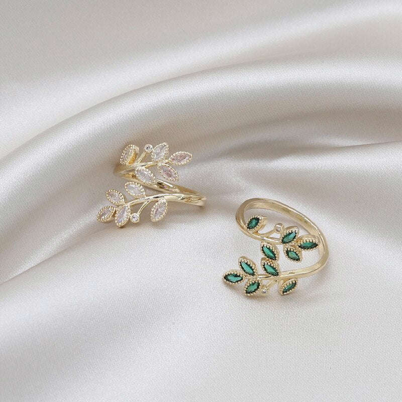 Elegant Women's Green Crystal Leaf Open Ring - Korea Design Jewelry