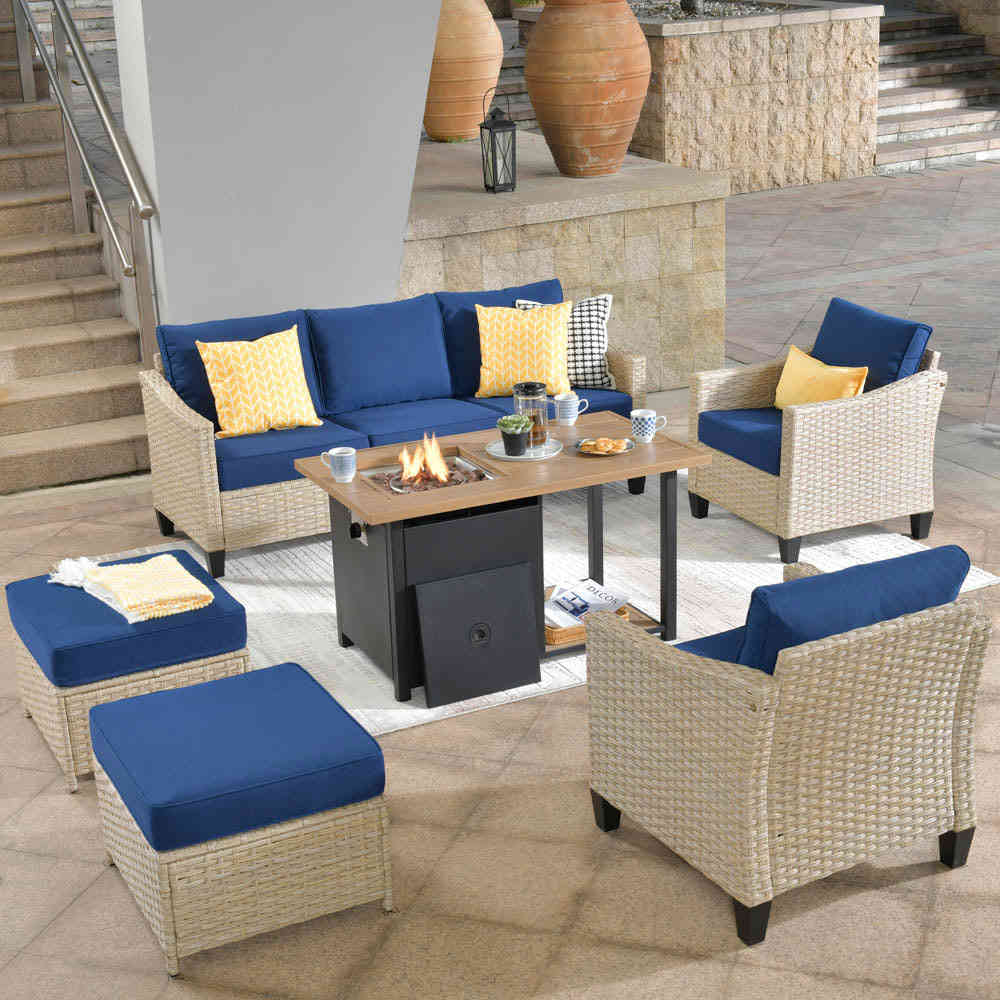 Ovios Athena Series Outdoor Patio Furniture Set 6-Piece with 46 Double Layer Rectangle Fire Pit Table
