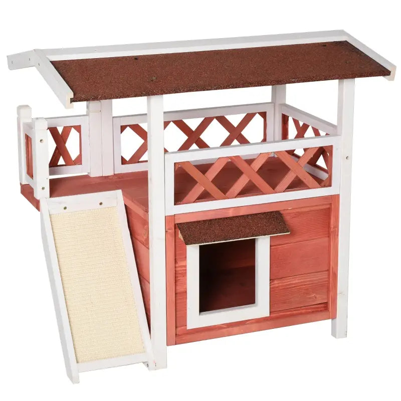 PawHut 2-Story Solid Wood Cat House Condo Shelter with Sisal Ramp, Weatherproof for Indoor/Outdoor Use - Red and White