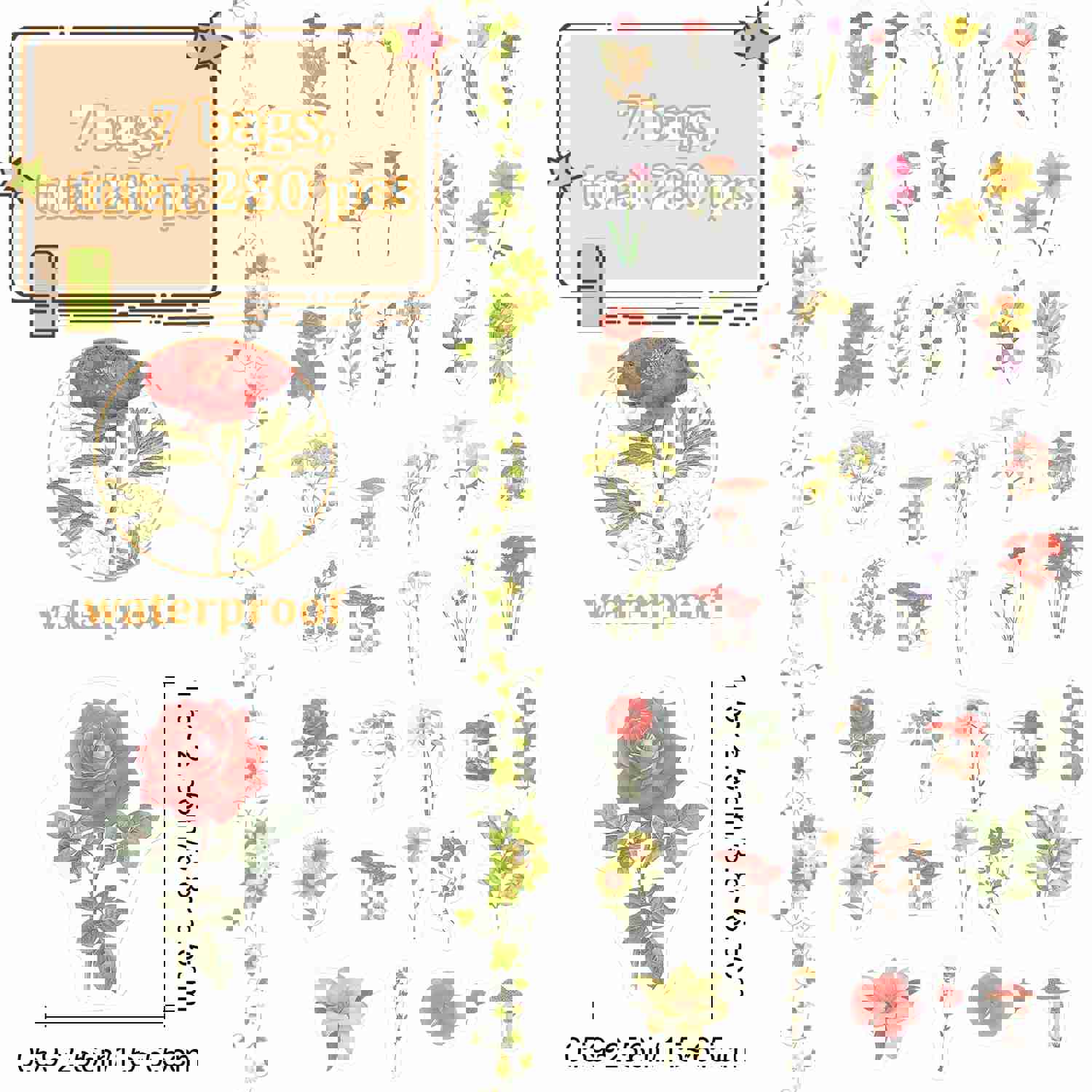 Craspire 7 Bags 7 Styles PET Waterproof Floral Stickers for DIY Scrapbooking